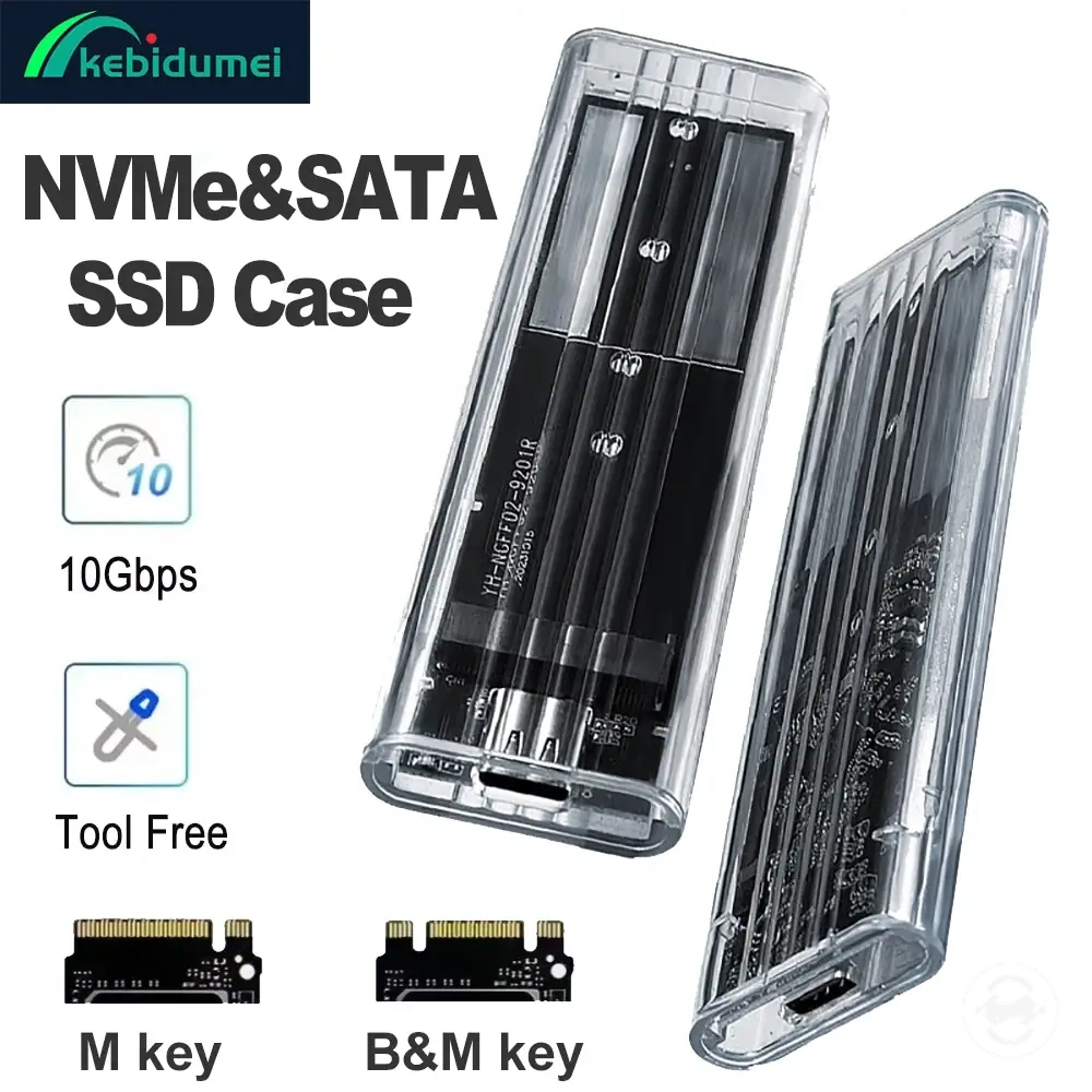 علبة SSD M.2 NVMe وSATA شفافة دون أدوات لمحركات 2230 و2242 و2260 و2280