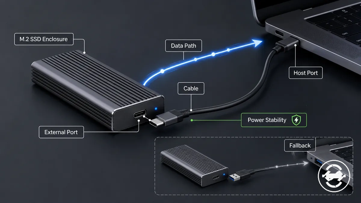مسار اتصال المنفذ والكابل الخارجيين لعلبة SSD M.2 بالمنفذ المضيف