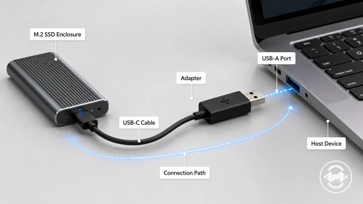 اتصال منفذ USB-A من جانب المضيف مع كابل مهايئ وعلبة SSD M.2