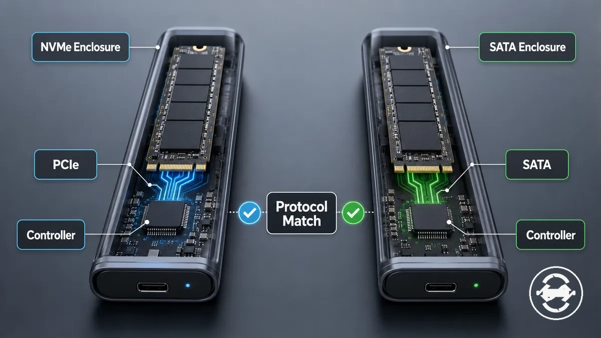 مقارنة علب M.2 NVMe وSATA حسب البروتوكول ودعم المتحكم