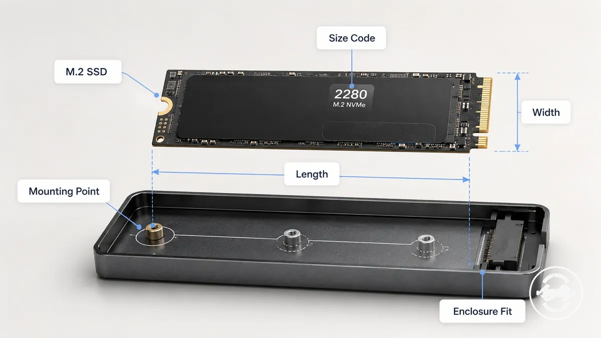 محرك SSD M.2 يوضح تسمية رمز الحجم، واتجاه العرض، واتجاه الطول، ومخطط صينية العلبة