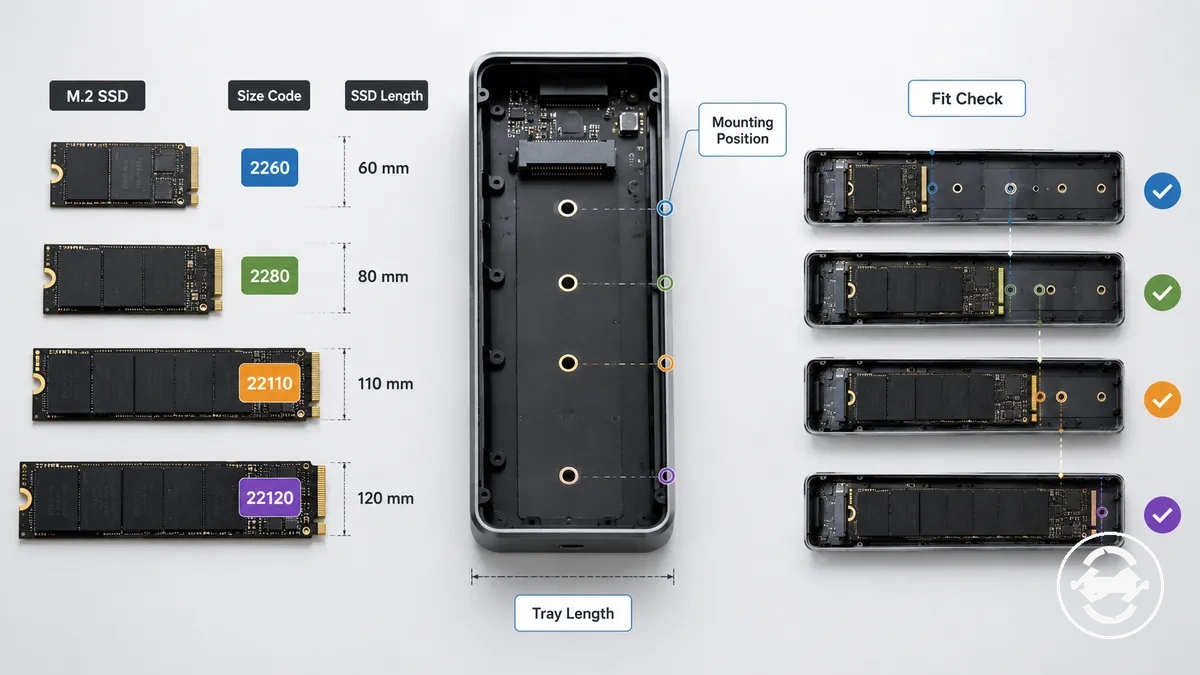 مخطط أحجام SSD M.2 يوضح أطوال المحركات ومواضع تثبيت العلبة