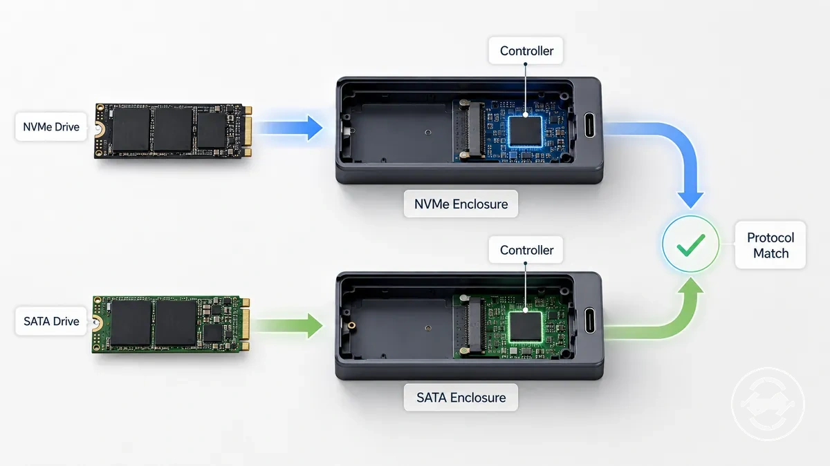 توافق علب M.2 NVMe وSATA بناءً على بروتوكول القرص ودعم المتحكم