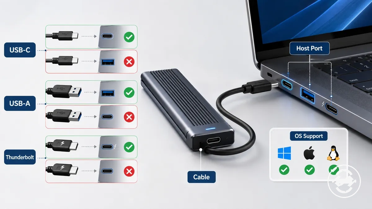 علبة SSD M.2 تعرض فحوصات دعم USB-C وUSB-A وThunderbolt ونظام التشغيل