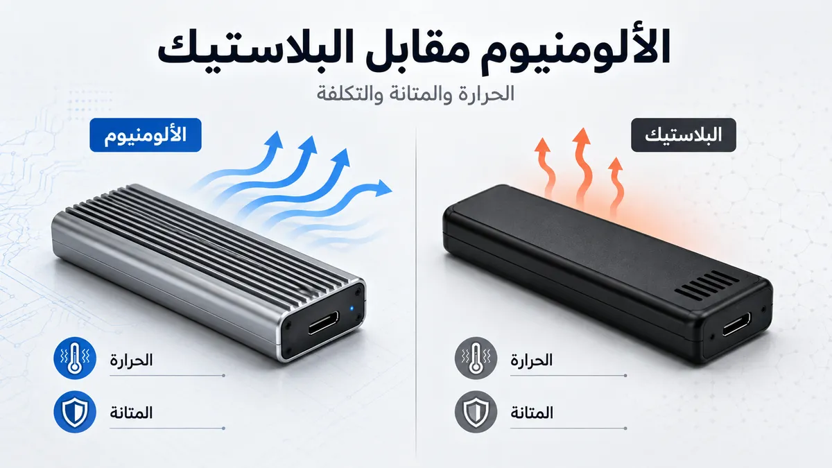 علب SSD M.2 من الألومنيوم والبلاستيك مقارنة من حيث تبديد الحرارة والمتانة