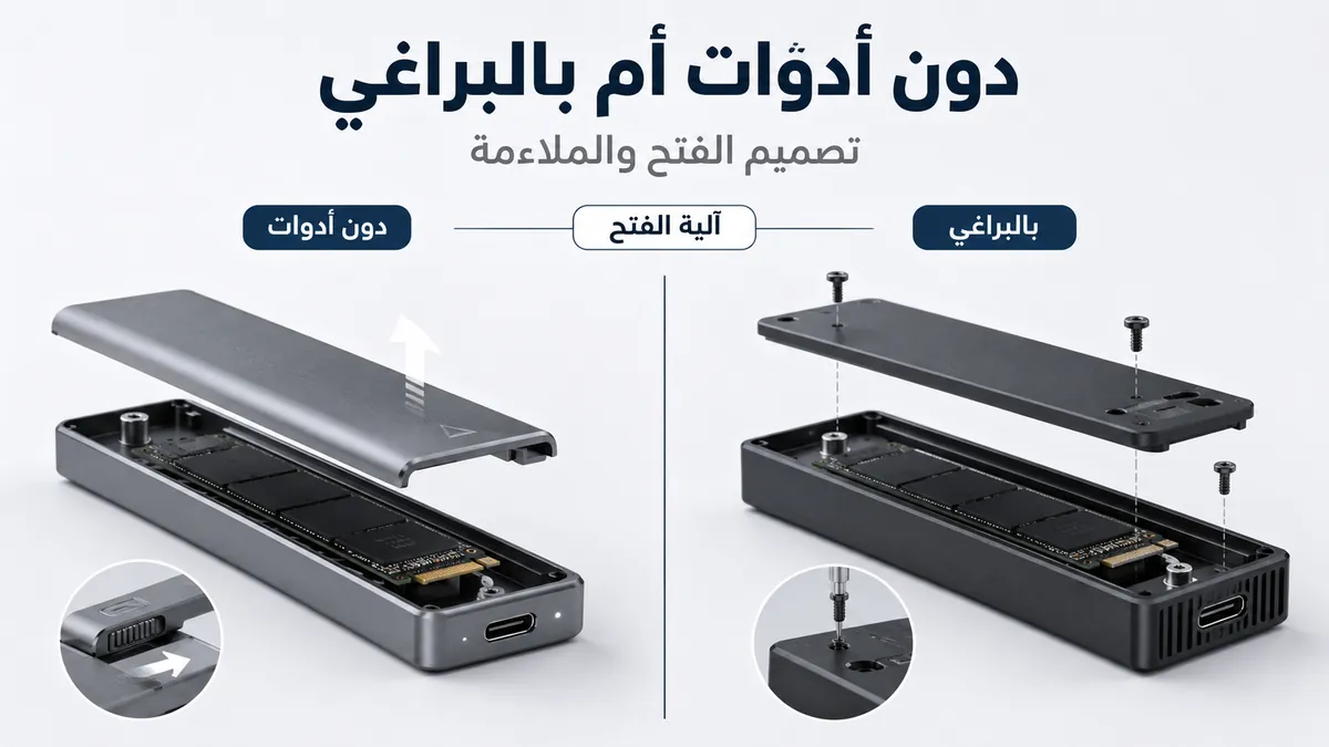 علب SSD M.2 دون أدوات وبالبراغي مع آليات فتح مختلفة