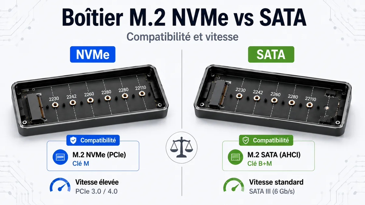 مقارنة بين علب SSD M.2 من نوع NVMe وSATA مع ملصقات توافق مختلفة