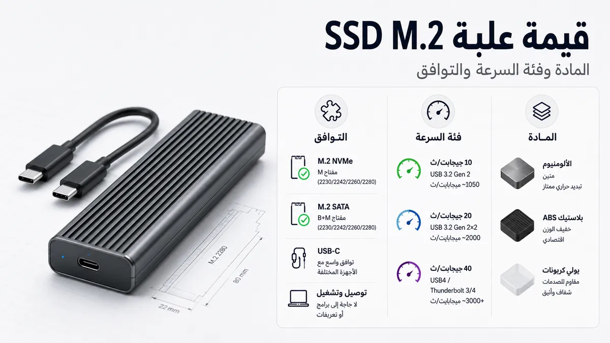 مقارنة قيمة علبة SSD M.2 حسب المادة وفئة السرعة وميزات التوافق