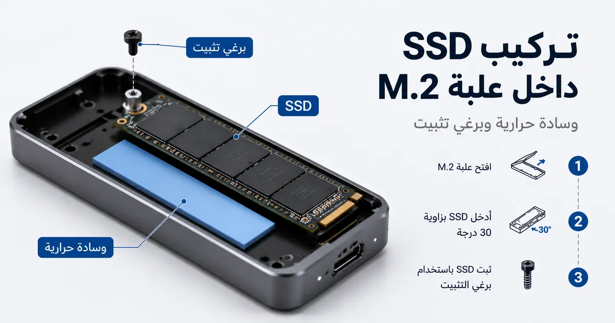 تركيب SSD داخل علبة SSD M.2 مع ظهور الوسادة الحرارية وبرغي التثبيت