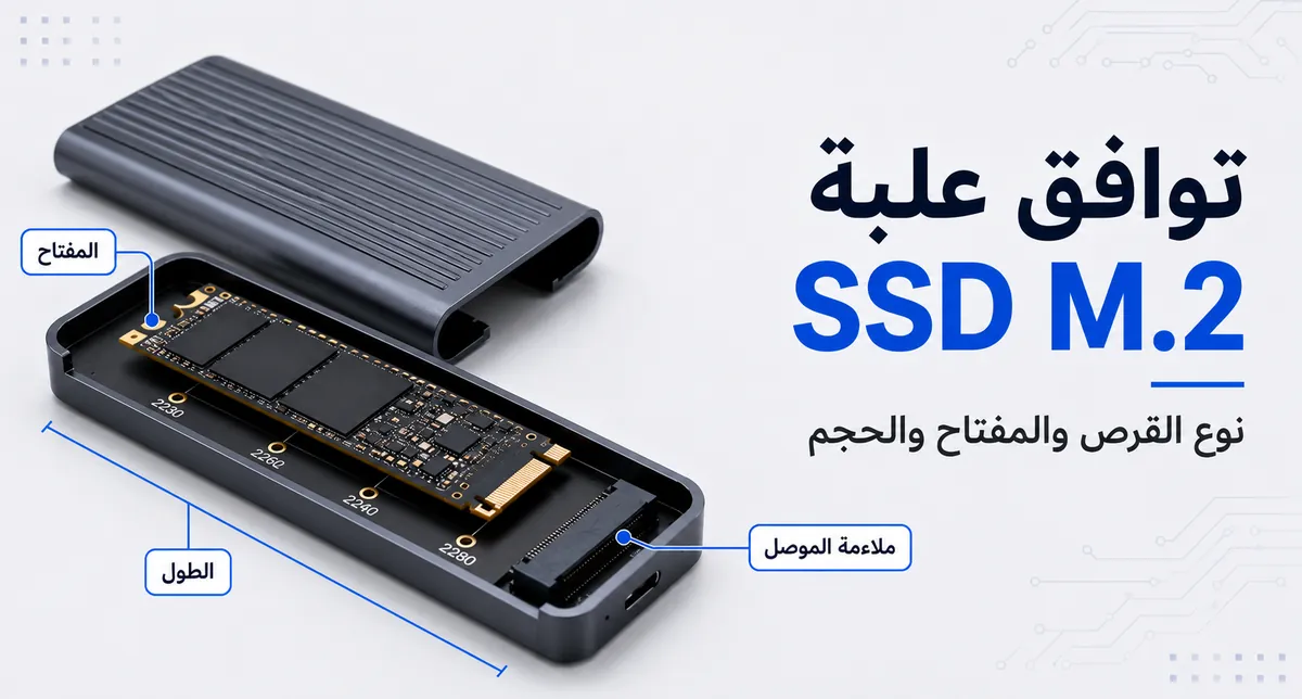 عرض توافق علبة SSD M.2 يوضح نوع مفتاح SSD والطول وملاءمة الموصل