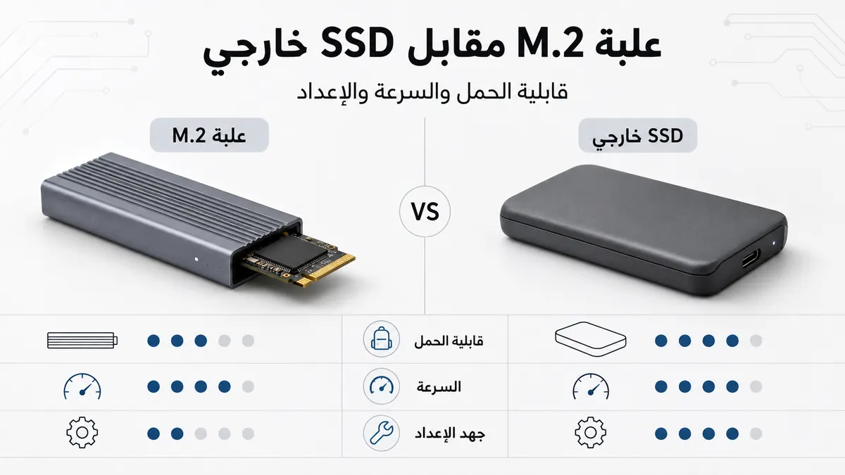 مقارنة بين علبة SSD M.2 وSSD خارجي من حيث قابلية الحمل والسرعة وجهد الإعداد
