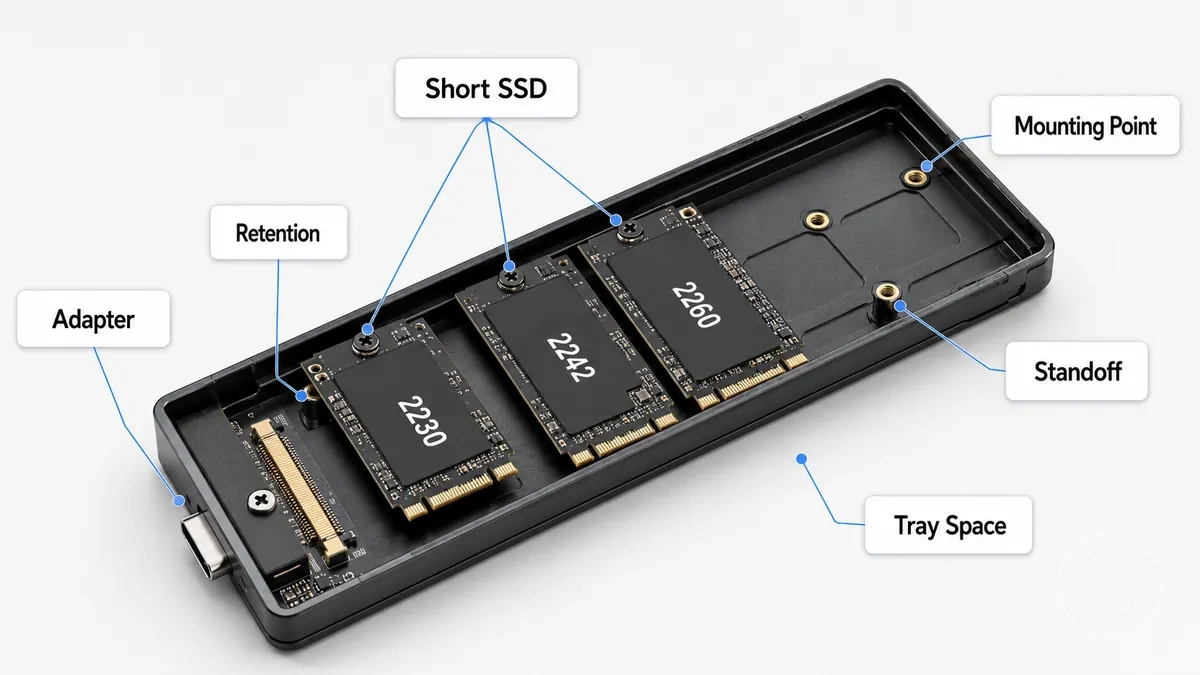 Kurze M.2-SSDs mit Gehäusefach, verschiebbarem Abstandshalter, Adapter und Befestigungspunkt