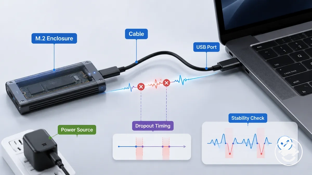 M.2-SSD-Gehäuse mit Kabel und Stecker auf Verbindungsstabilität geprüft