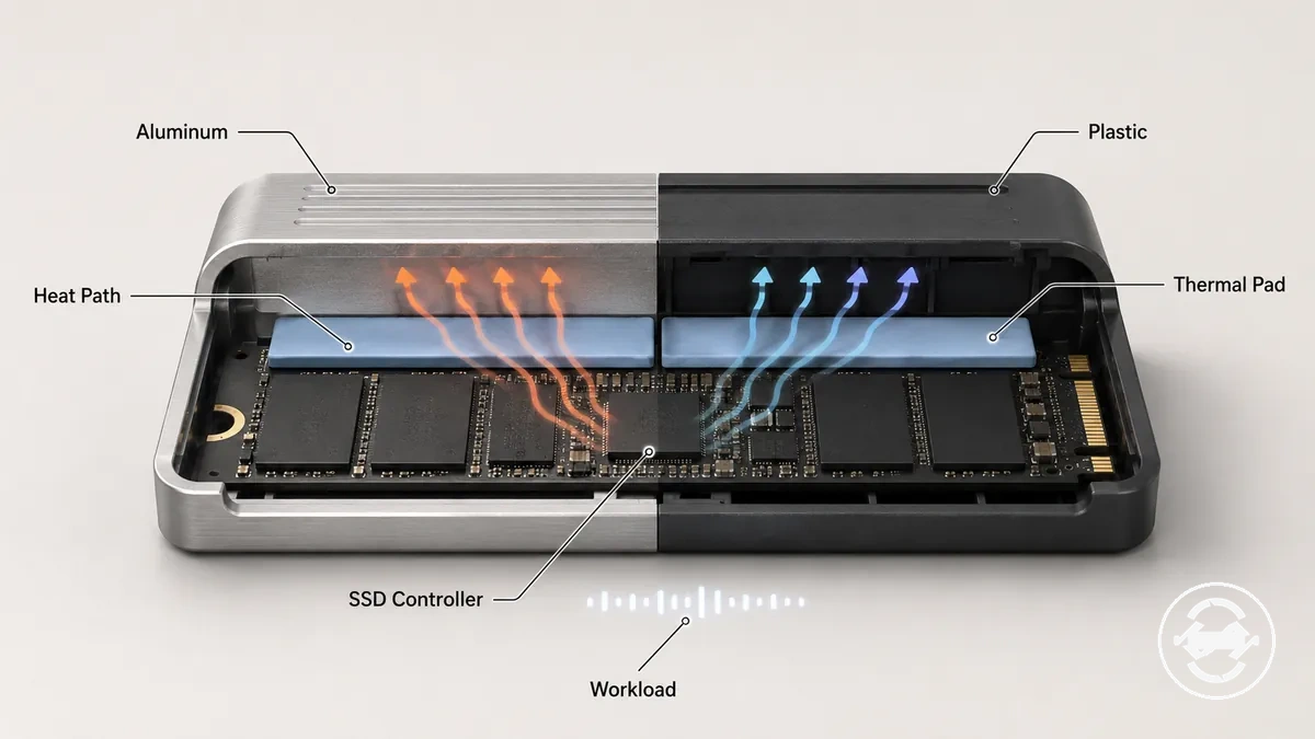 Wärmekontaktpfad des Wärmeleitpads zwischen der M.2-SSD und dem Gehäusekörper