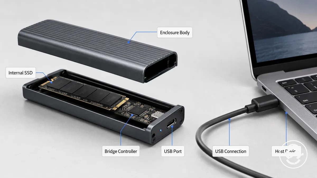 Diagramm, das zeigt, wie ein M.2-SSD-Gehäuse für ein internes Laufwerk verwendet wird