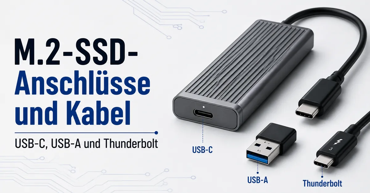 M.2-SSD-Gehäuse mit USB-C-Kabel, USB-A-Adapter und Anschluss im Thunderbolt-Stil