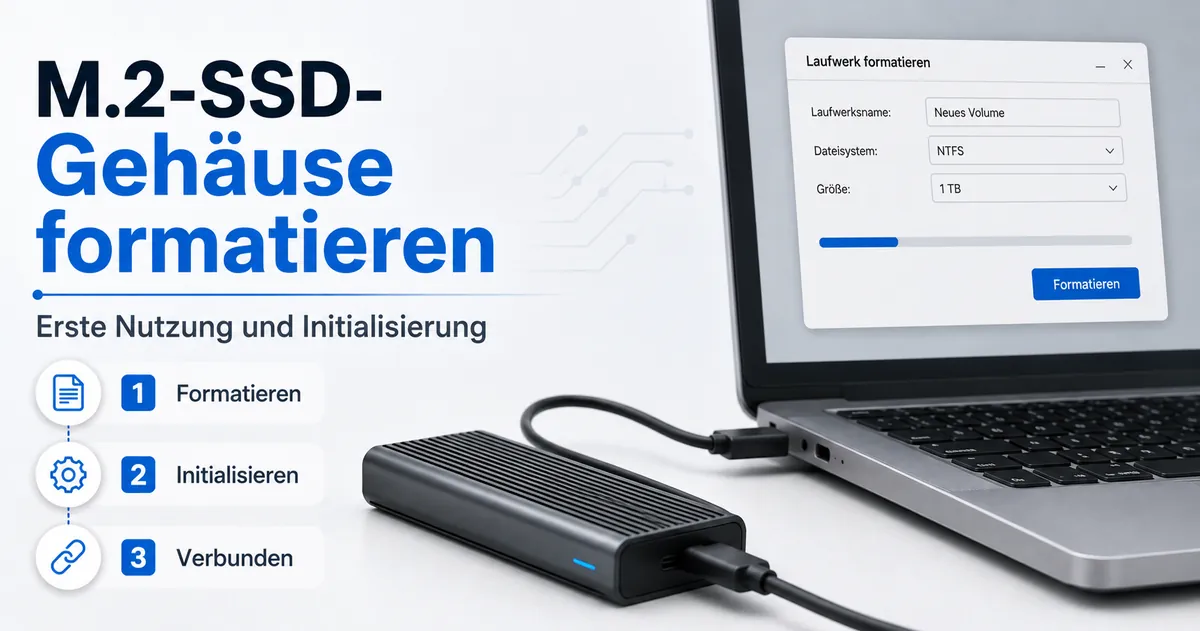 M.2-SSD-Gehäuse am Computer für Formatierung und Initialisierung beim ersten Einsatz