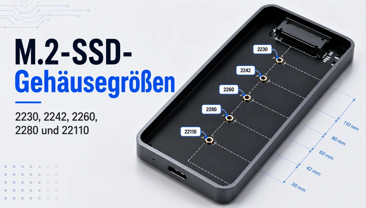 Schlitten eines M.2-SSD-Gehäuses mit markierten Montagepositionen für 2230, 2242, 2260, 2280 und 22110