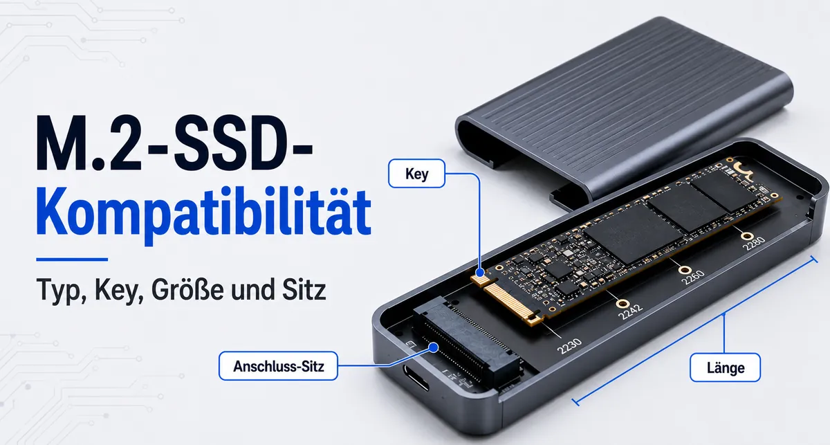 Ansicht eines M.2-SSD-Gehäuses mit SSD-Key, Länge und Anschluss-Sitz
