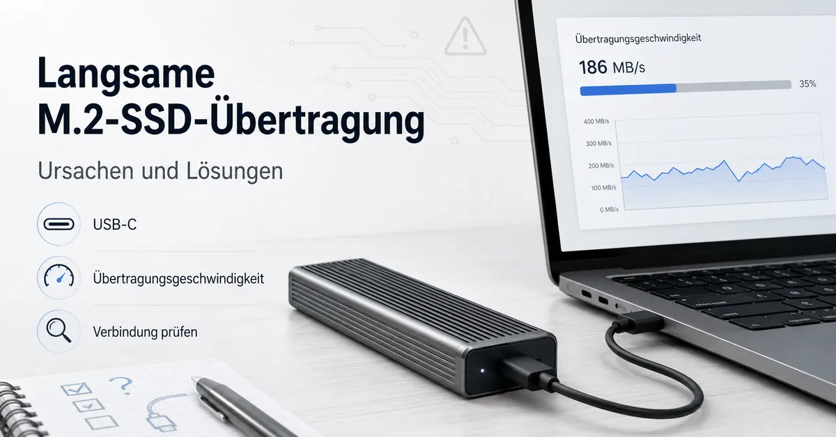 Per USB-C verbundenes M.2-SSD-Gehäuse bei der Prüfung möglicher Ursachen für langsame Übertragung