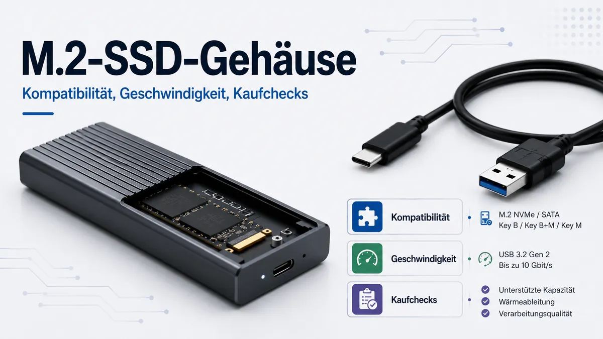 M.2-SSD-Gehäuse mit interner SSD, USB-Kabel und Kompatibilitätsmarkierungen