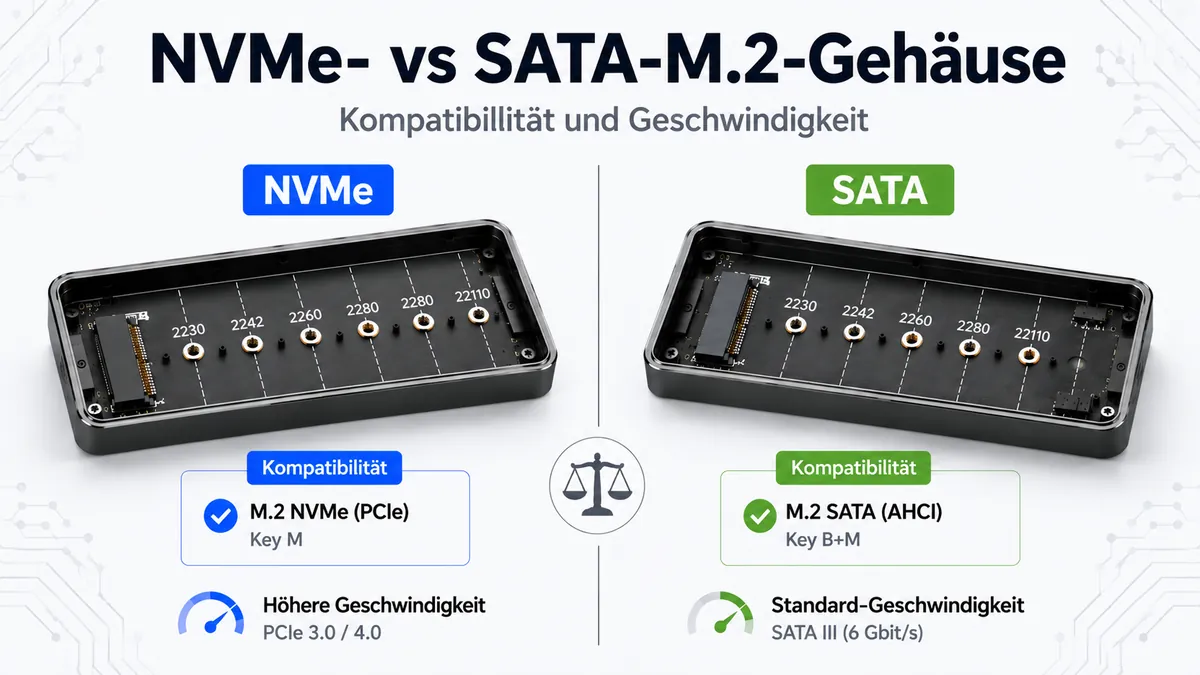 Vergleich von NVMe- und SATA-M.2-SSD-Gehäusen mit unterschiedlichen Kompatibilitätsmarkierungen