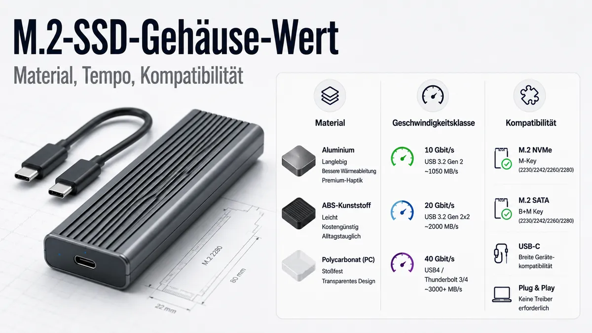 Wertvergleich eines M.2-SSD-Gehäuses mit Material, Geschwindigkeitsklasse und Kompatibilitätsmerkmalen