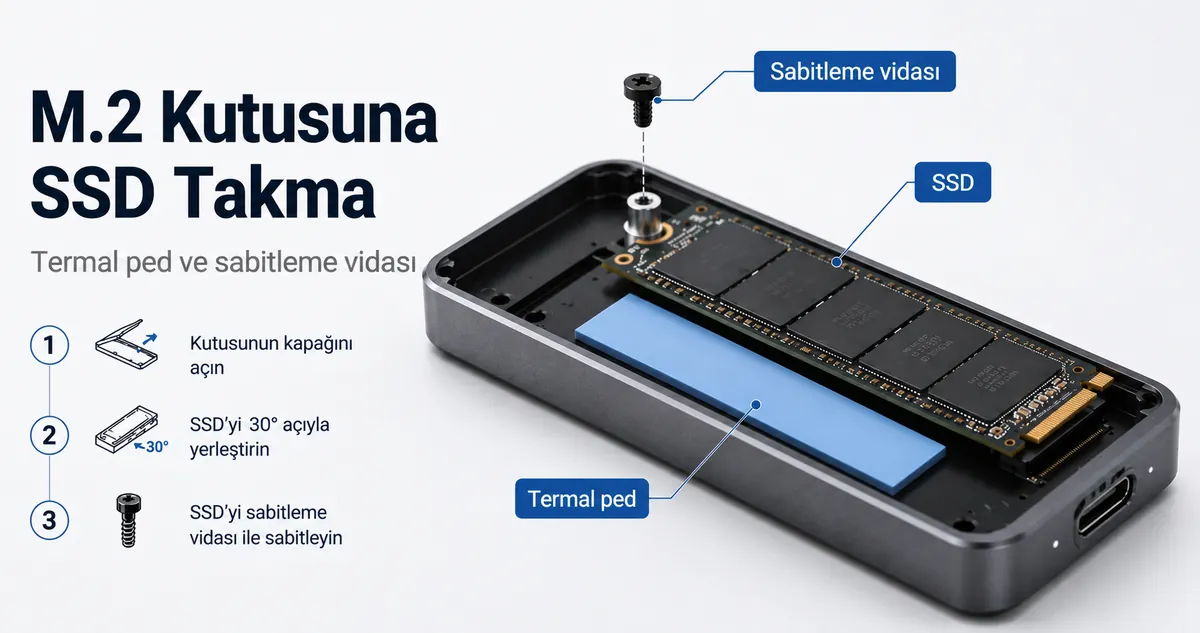 SSD wird in ein M.2-SSD-Gehäuse eingesetzt, mit sichtbarem Wärmeleitpad und Halteschraube