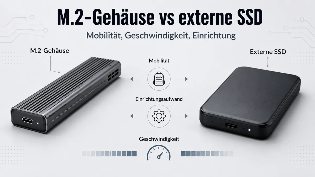 M.2-SSD-Gehäuse und externe SSD im Vergleich nach Mobilität, Geschwindigkeit und Einrichtungsaufwand