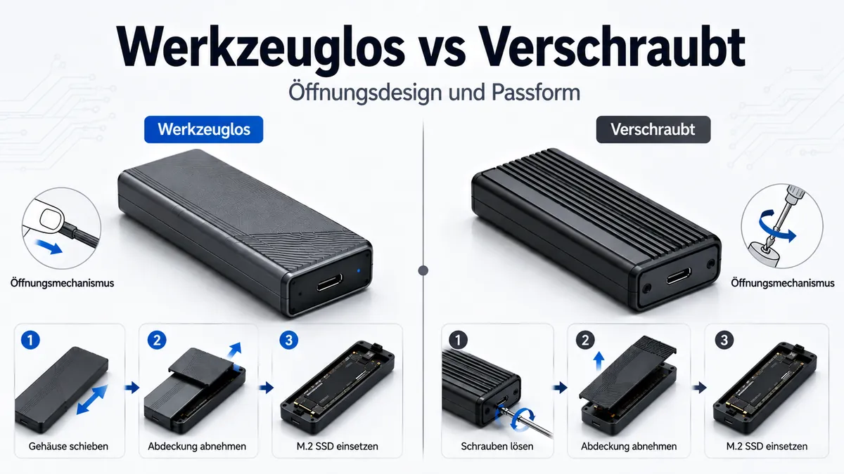Werkzeuglose und verschraubte M.2-SSD-Gehäuse mit unterschiedlichen Öffnungsmechanismen