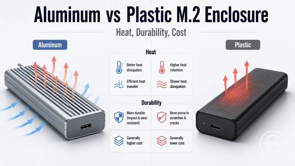 Aluminum and plastic M.2 SSD enclosures compared for heat dissipation and durability