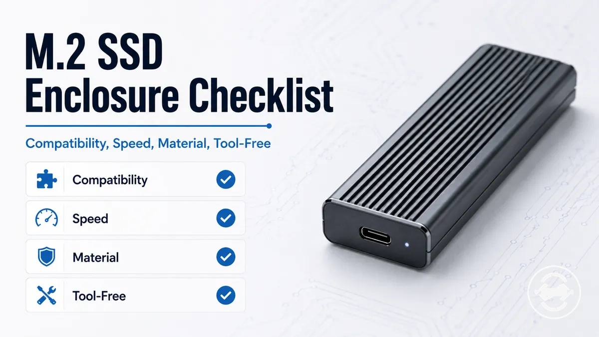 M.2 SSD enclosure buying checklist with compatibility, speed, material, and tool-free design cues