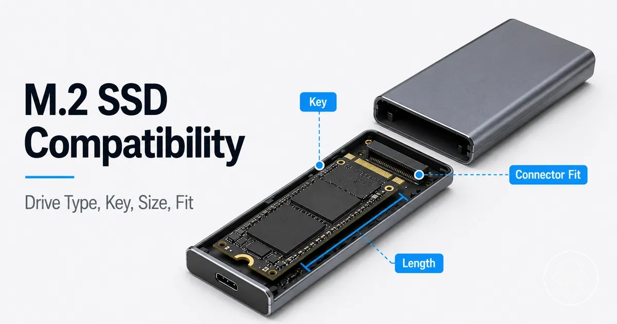 M.2 SSD enclosure compatibility view showing SSD key type, length, and connector fit