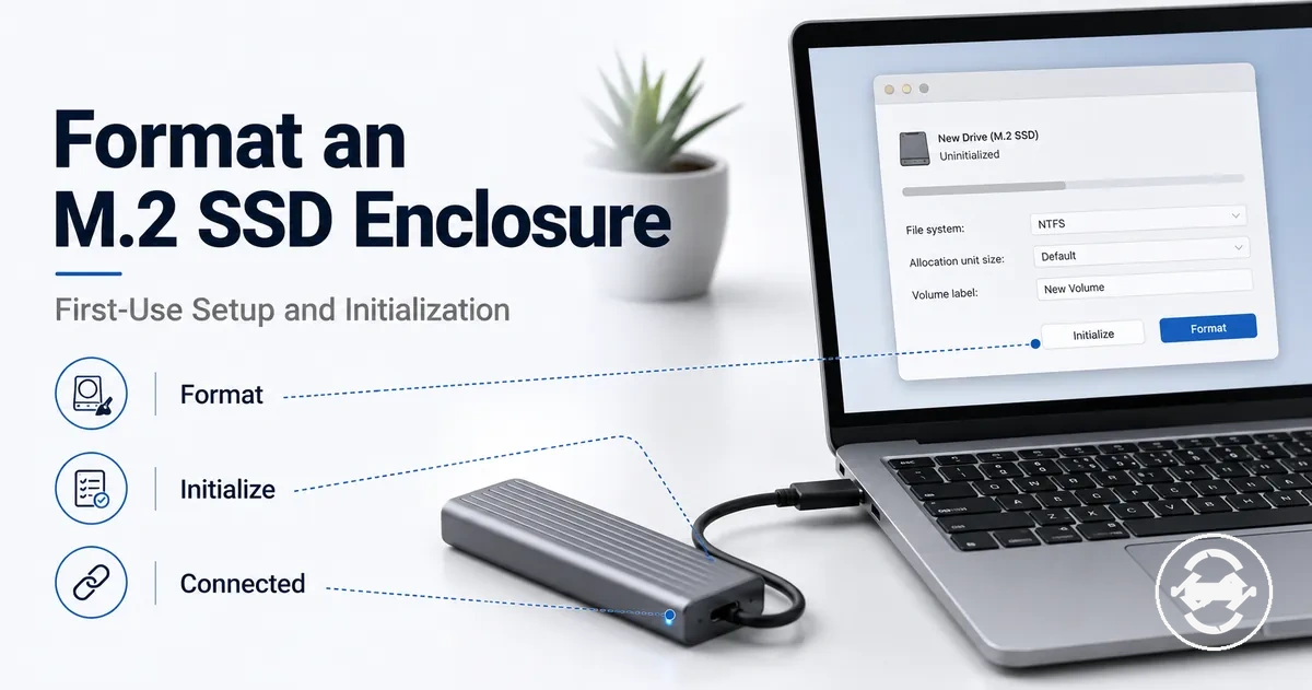 M.2 SSD enclosure connected to a computer for first-use formatting and initialization