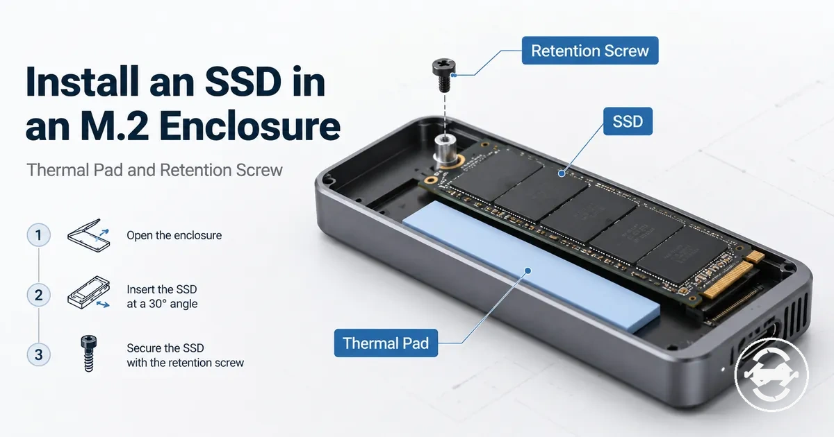 SSD being installed into an M.2 SSD enclosure with thermal pad and retention screw visible