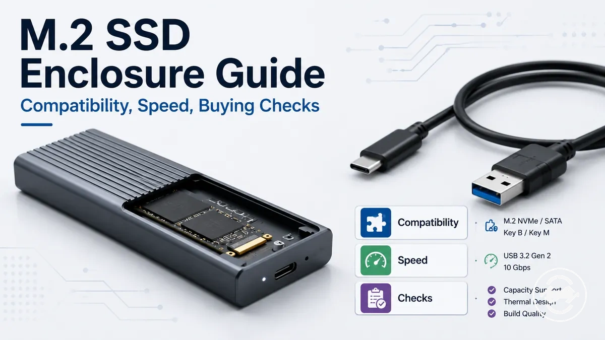 M.2 SSD enclosure with an internal SSD, USB cable, and compatibility labels