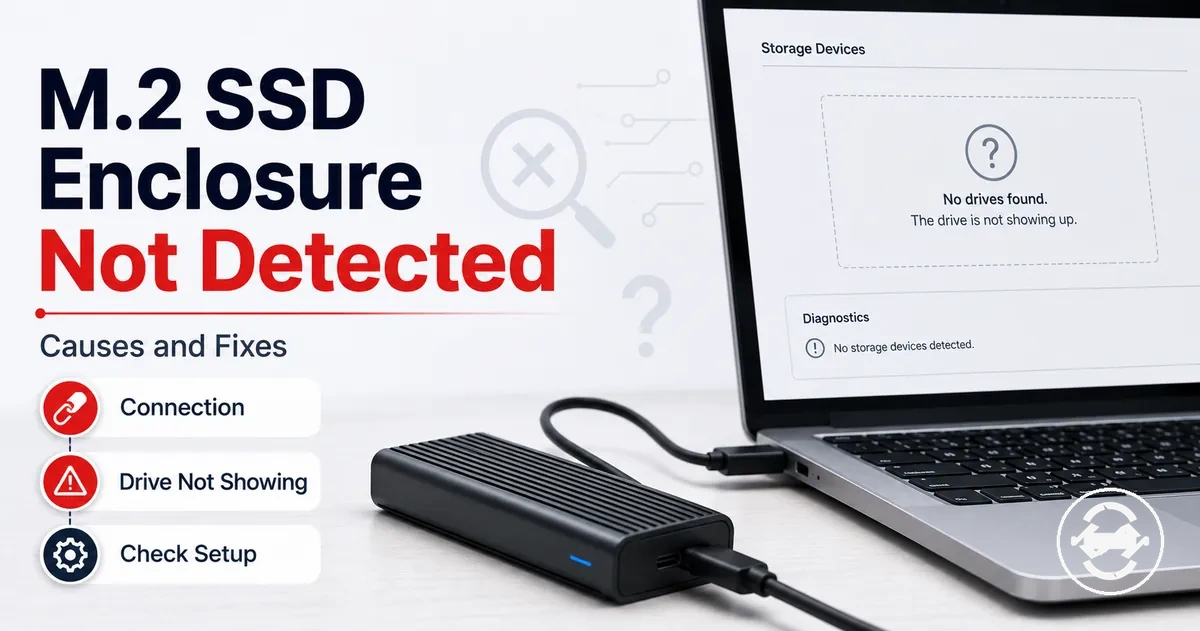 M.2 SSD enclosure troubleshooting setup for a drive that is not detected or not showing up