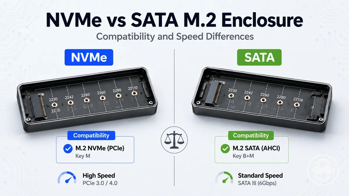 NVMe and SATA M.2 SSD enclosure comparison showing different drive compatibility labels