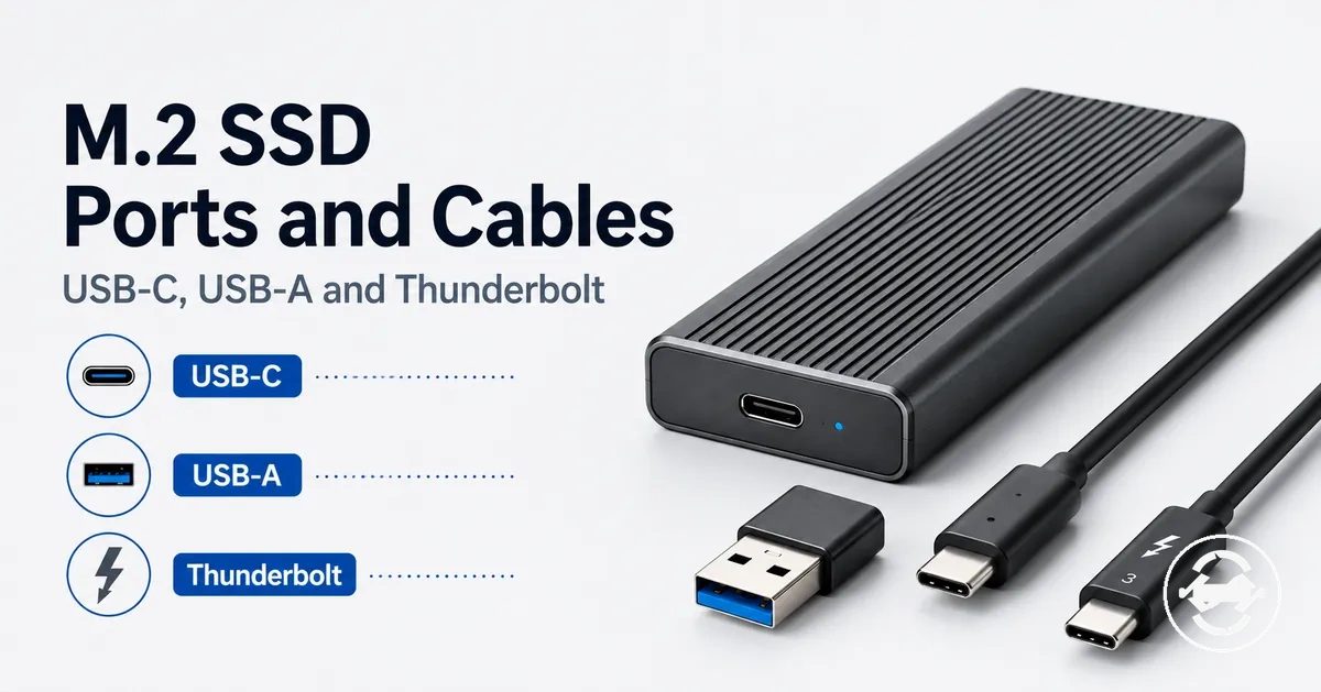 M.2 SSD enclosure with USB-C cable, USB-A adapter, and Thunderbolt-style port connection
