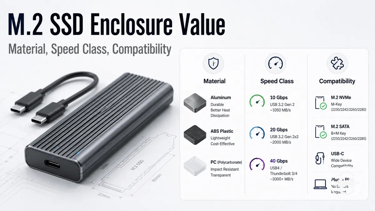 M.2 SSD enclosure value comparison showing material, speed class, and compatibility features