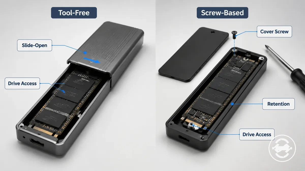 Comparison of tool-free and screw-based M.2 SSD enclosure designs showing cover access and retention hardware
