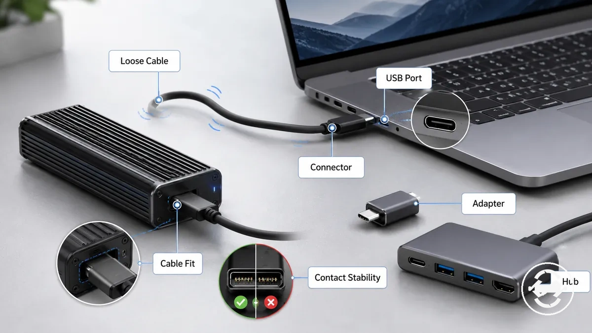 Checking loose cable, port movement, and unstable USB contact on an M.2 enclosure
