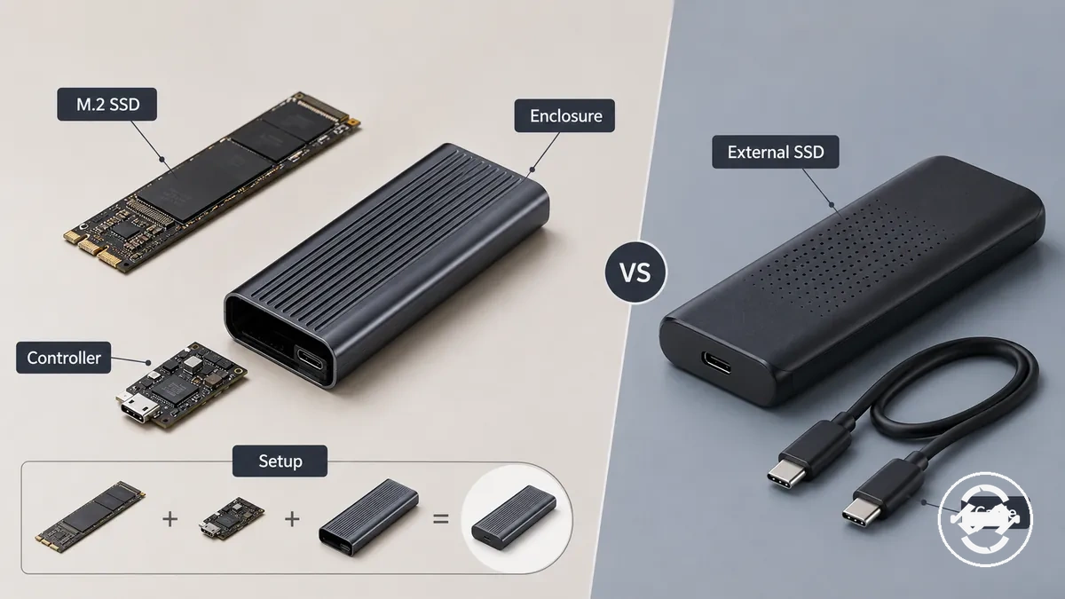 M.2 SSD enclosure and external SSD compared by storage design and setup