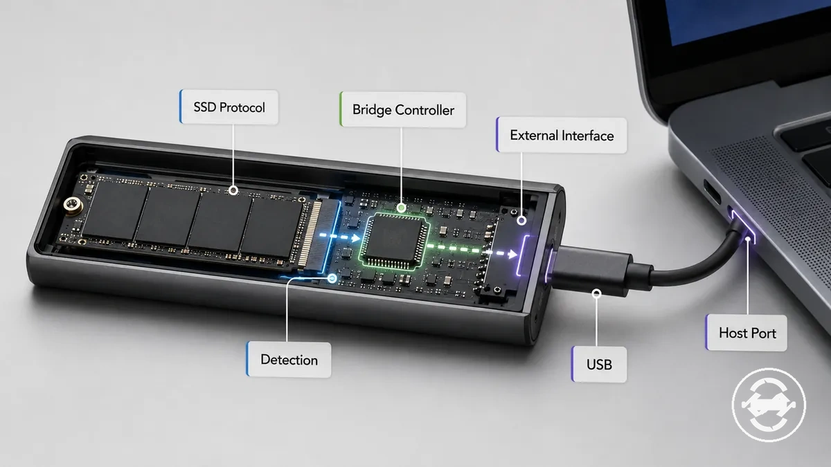 M.2 SSD enclosure attributes showing protocol controller and external interface connections
