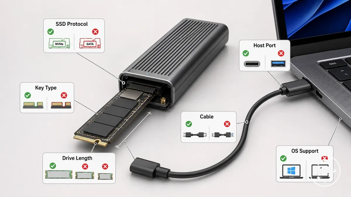 M.2 SSD enclosure compatibility checks for SSD fit and host device connection