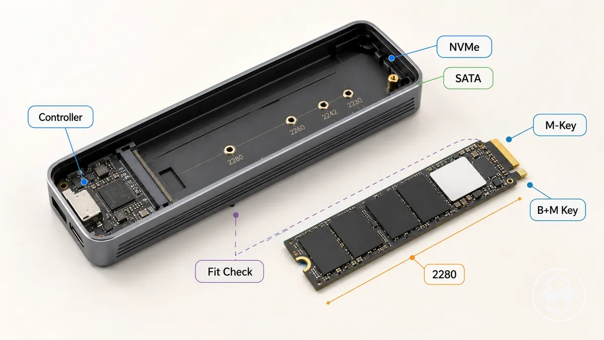 M.2 enclosure compatibility diagram showing protocol, key type, size support, and controller type