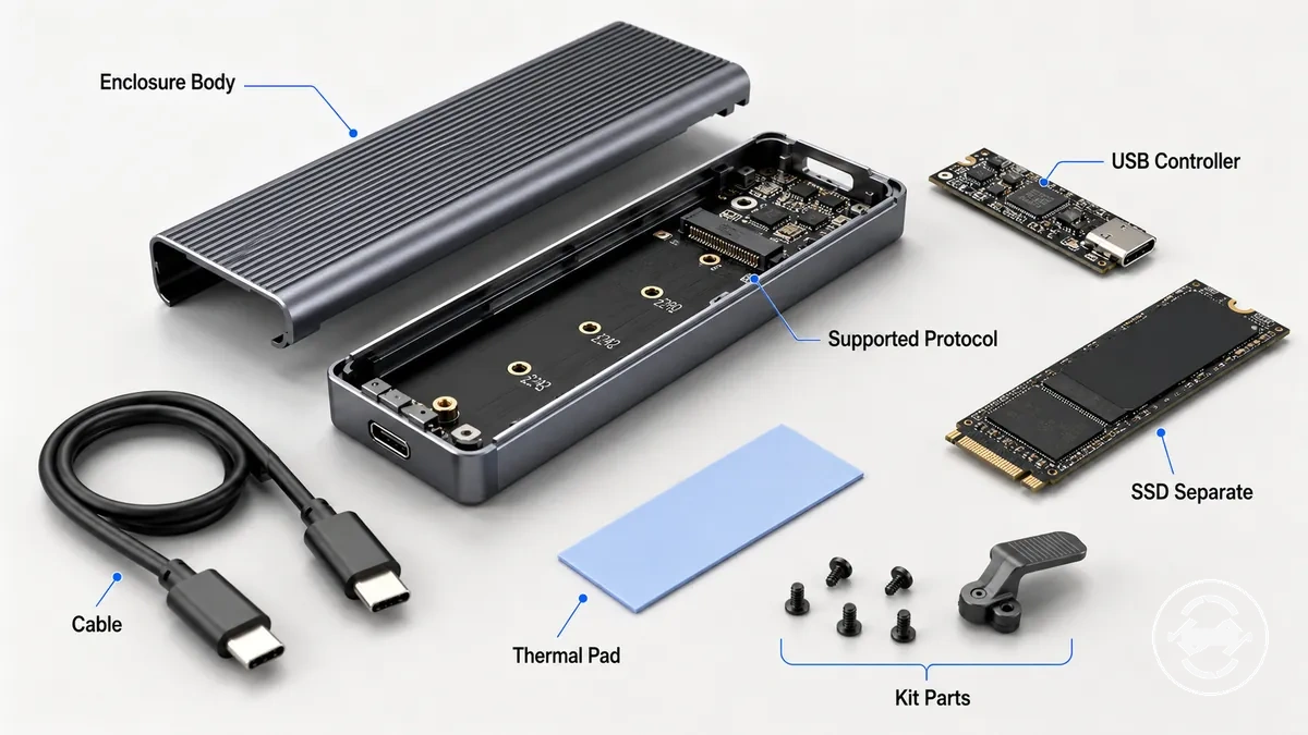 Labeled M.2 SSD enclosure parts including body, cable, thermal pad, and separate SSD