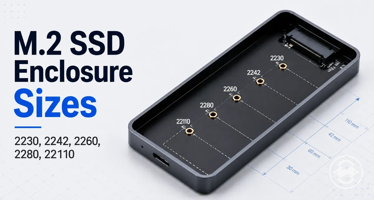 M.2 SSD enclosure tray with marked 2230, 2242, 2260, 2280, and 22110 mounting positions