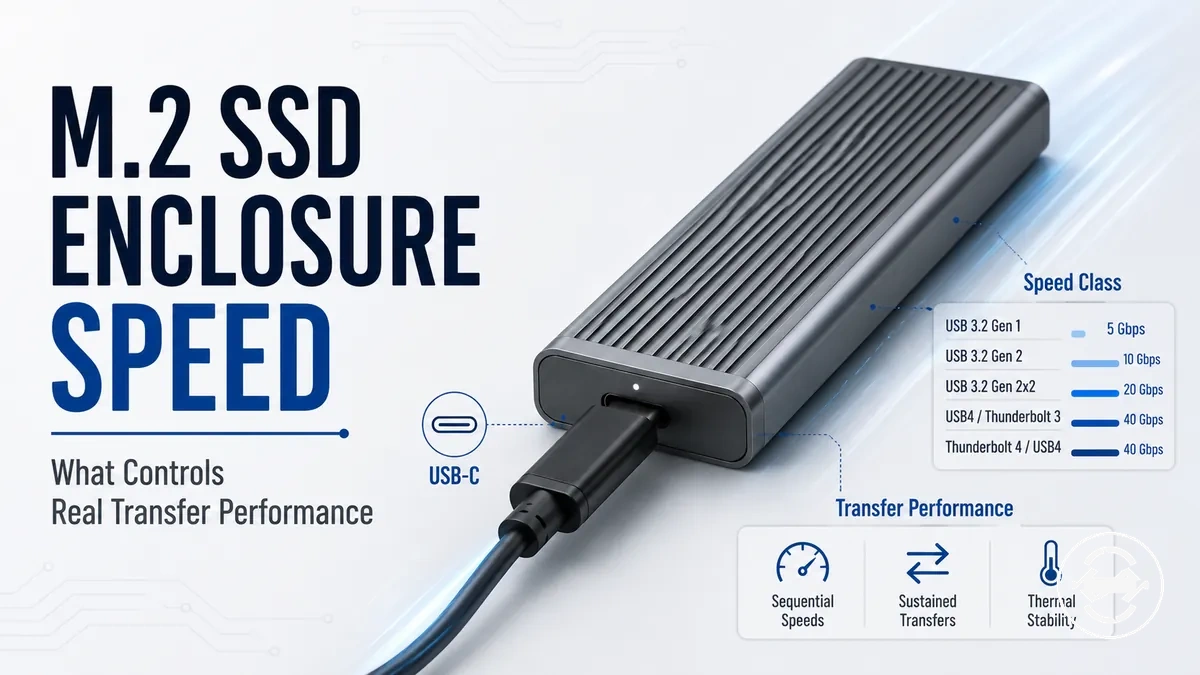 M.2 SSD enclosure connected by USB-C with speed class labels for transfer performance