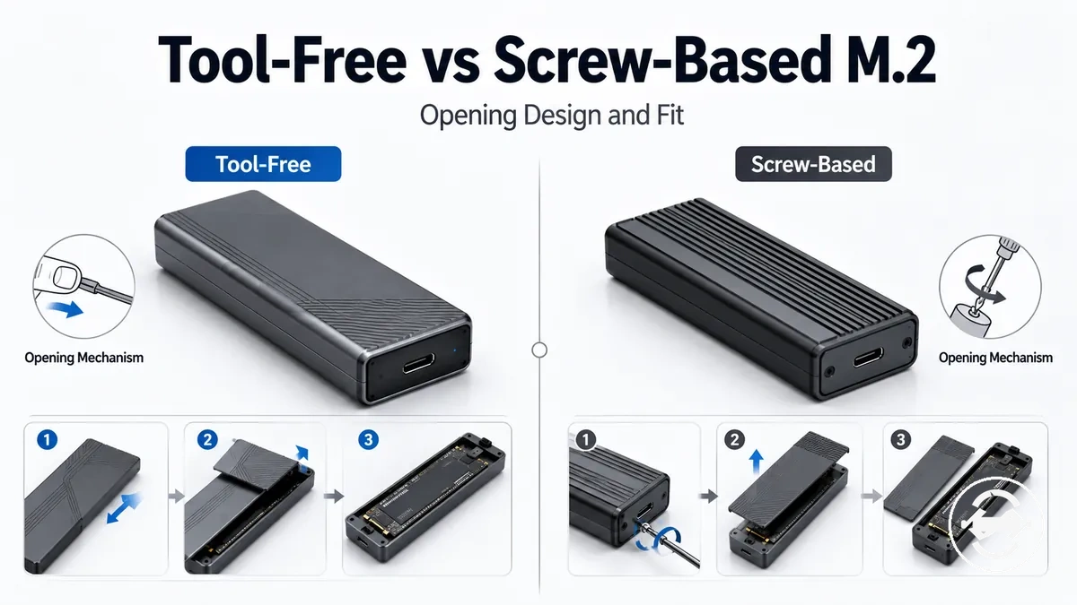 Tool-free and screw-based M.2 SSD enclosures shown with different opening mechanisms